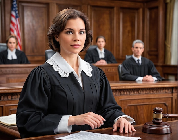 une femme dans une salle d'audience avec ses avocats