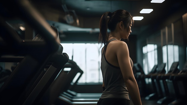 Une femme dans une salle de gym est debout sur un tapis roulant et regarde la caméra.