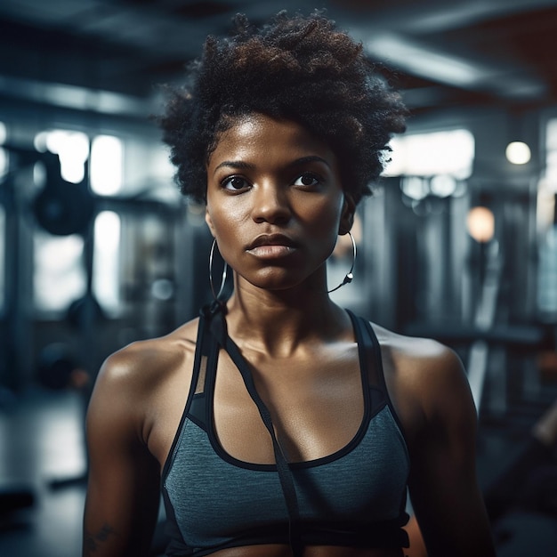 Une femme dans une salle de sport avec un haut noir et un haut gris avec un soutien-gorge noir.