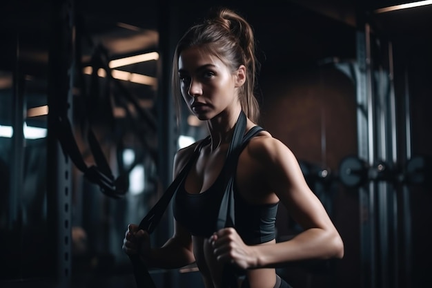 Une femme dans une salle de sport avec un haut noir et un short noir tire une barre.