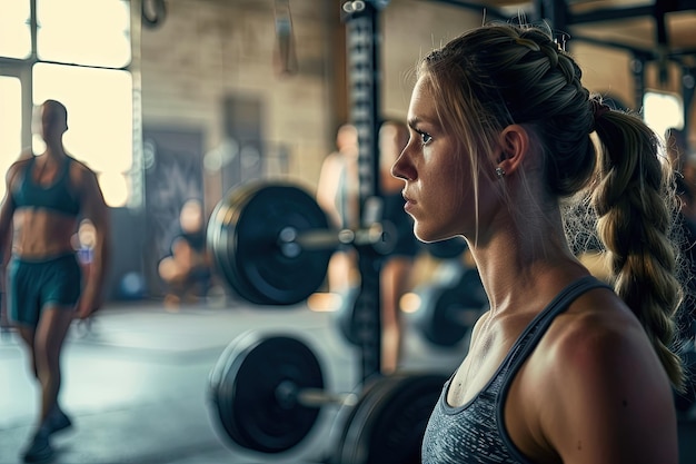 Une femme dans une salle de sport avec un homme en arrière-plan