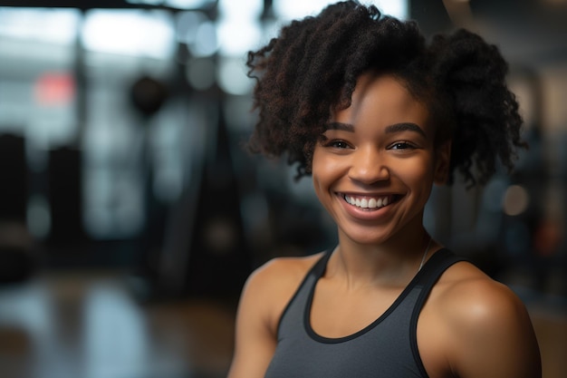 Une femme dans une salle de sport sourit à la caméra.