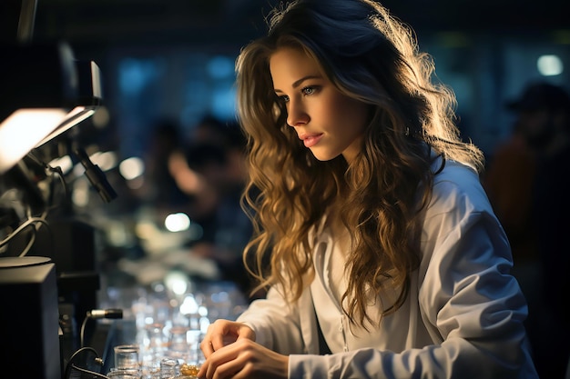 Une femme dans un salon de beauté avec une coupe de champagne.