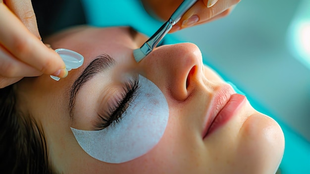 Une femme dans un salon de beauté se fait faire un tatouage permanent sur le front