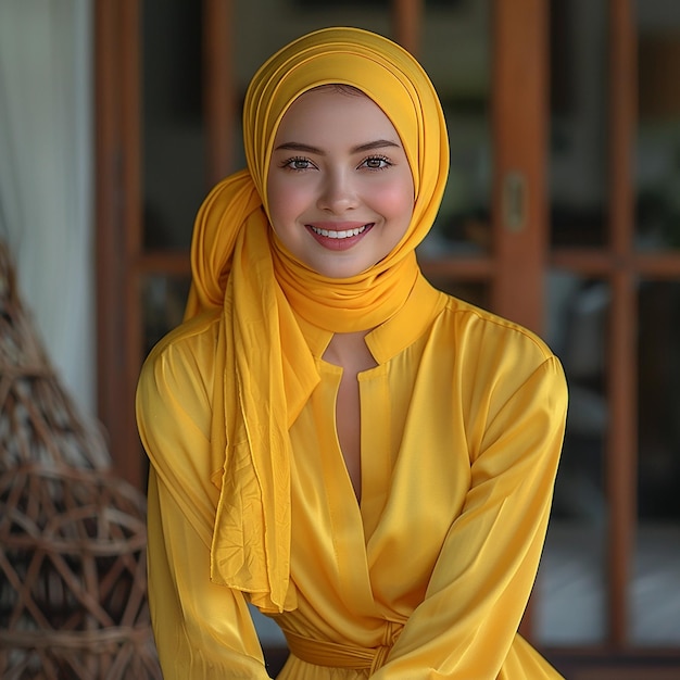 une femme dans un sari jaune avec un foulard jaune sur la tête