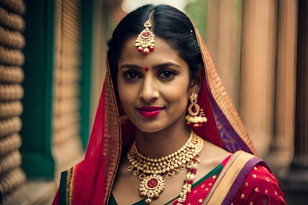 une femme dans un sari avec une lèvre rouge et un collier d'or