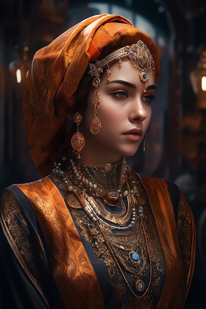 Une femme dans un sari d'or et un collier de perles bleues