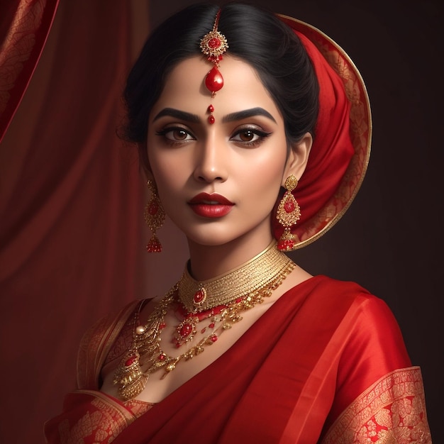 Une femme dans un sari rouge avec des accents dimond et un sari rouge