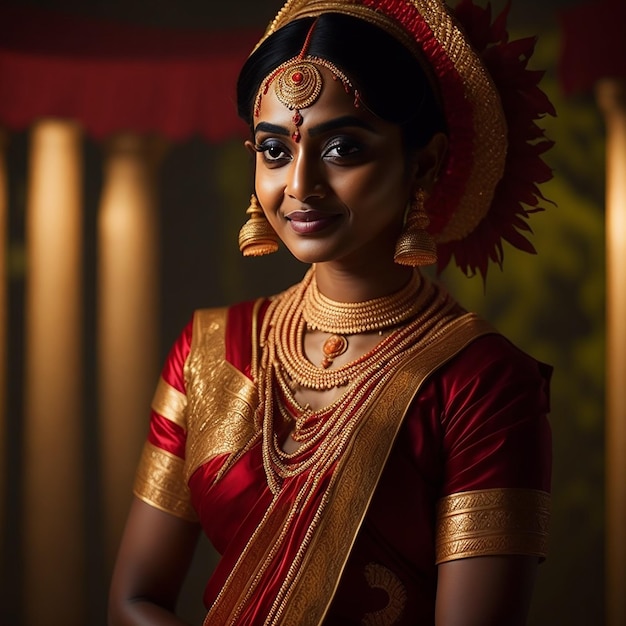 Une femme dans un sari rouge avec des accents dorés et un collier en or.