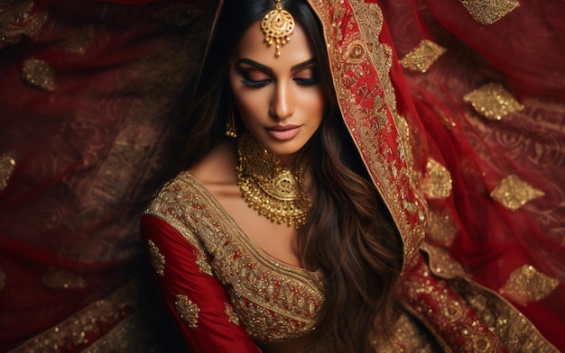 une femme dans un sari rouge avec un fond rouge.