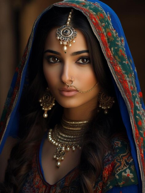 une femme dans un sari avec un sari bleu et rouge