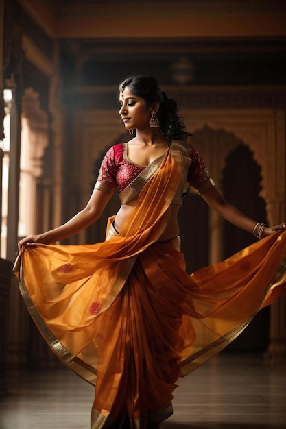 une femme dans un sari avec un sari rouge et or