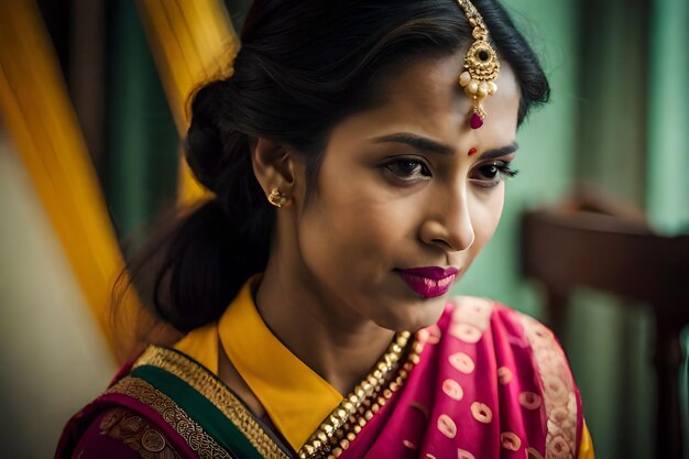 Photo une femme dans un sari avec un tassel d'or sur sa tête