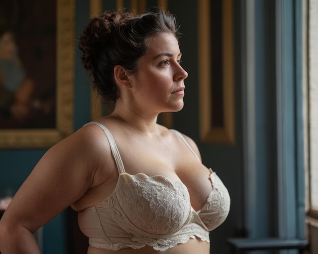 Photo une femme dans un soutien-gorge blanc debout devant une fenêtre