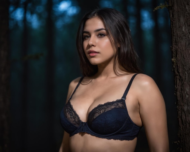 Une femme dans un soutien-gorge noir et des culottes debout dans les bois