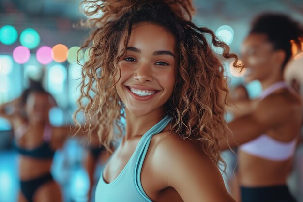 Une femme dans un soutien-gorge sportif éclairant un sourire pour la caméra pendant son entraînement au gymnase