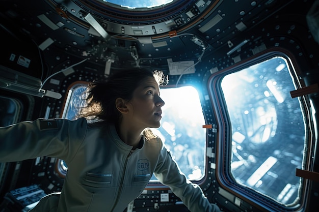 Photo une femme dans une station spatiale qui regarde par la fenêtre.