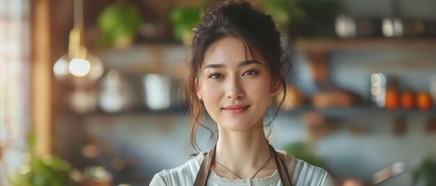 Une femme dans un tablier debout dans une cuisine