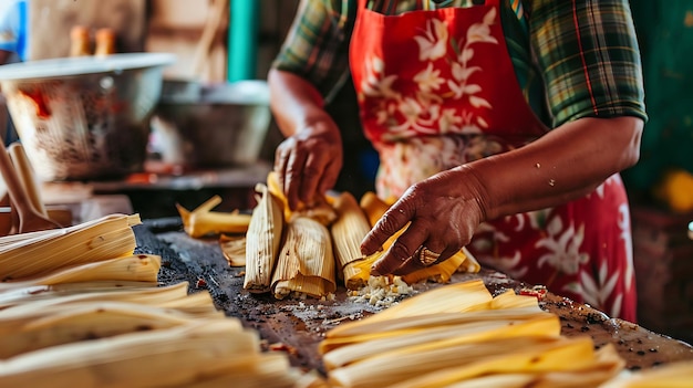 Photo une femme dans un tablier rouge fait des tamales elle répand du masa sur les coquilles de maïs