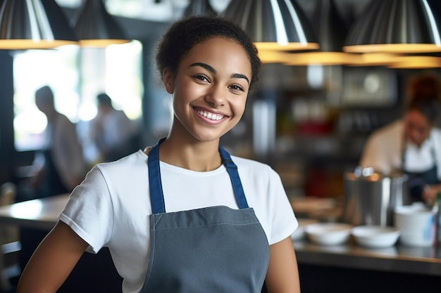 une femme dans un tablier avec un sourire