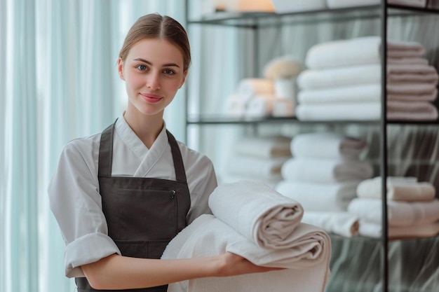 une femme dans un tablier tenant une pile de serviettes