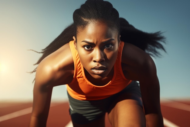 Une femme dans un tank top orange et un short noir court sur une piste