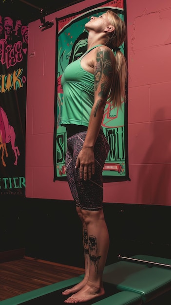 Photo une femme dans un tank top vert et des leggings noirs et violets fait une pose de yoga