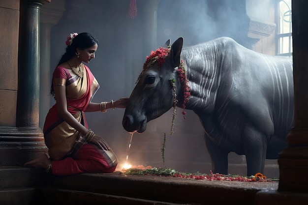 Une femme dans un temple communique avec une vache sacrée