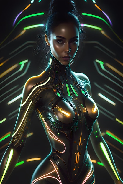 femme dans une tenue futuriste au milieu d'une ville cyberpunk, néons