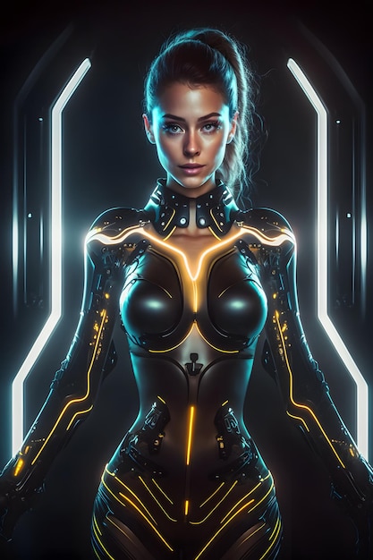 femme dans une tenue futuriste au milieu d'une ville cyberpunk, néons