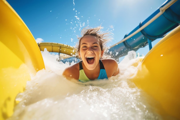 femme dans un toboggan d'eau généré par l'IA