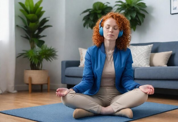 une femme dans une veste bleue pratique le yoga avec des écouteurs sur la tête