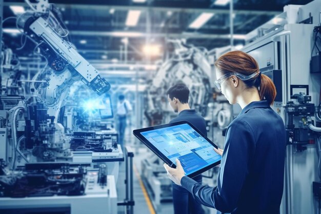 Photo une femme dans une veste bleue tient une tablette avec les mots technologie sur l'écran