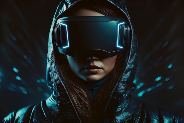 Femme dans une veste à capuche portant un casque de réalité virtuelle