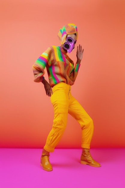 Une femme dans une veste de couleur arc-en-ciel et un pantalon jaune se tient devant un fond rose