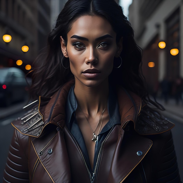 Une femme dans une veste en cuir brune avec une croix dessus.