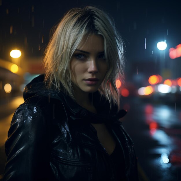 Une femme dans une veste en cuir noire debout sous la pluie la nuit Image Premium generee a base d IA