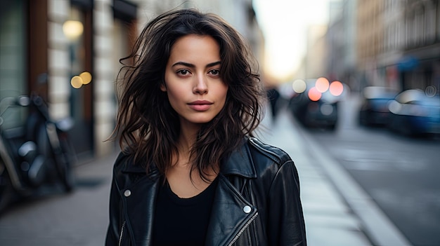 une femme dans une veste en cuir