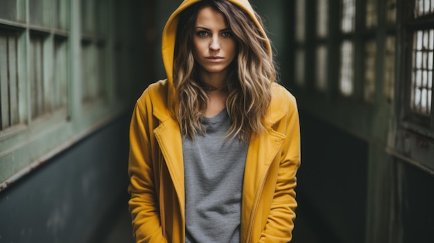 une femme dans une veste jaune debout dans une ruelle