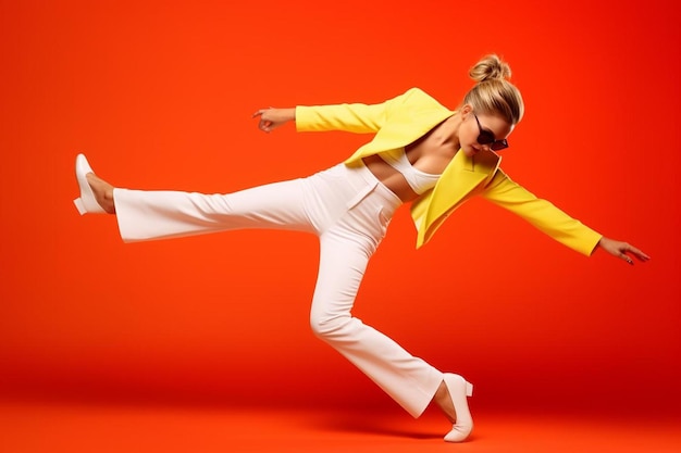 une femme dans une veste jaune et un pantalon blanc