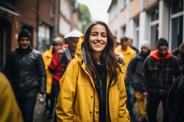 une femme dans une veste jaune sourit à la caméra