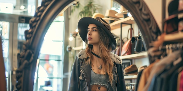 Une femme dans une veste noire et un chapeau se tient devant un miroir