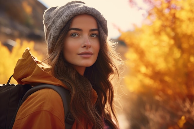 une femme dans une veste orange et un chapeau gris