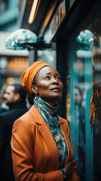 Une femme dans une veste orange et une écharpe bleue ai