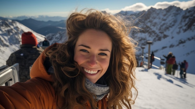 Une femme dans une veste orange sourit pour un selfie sur un sommet de montagne enneigé