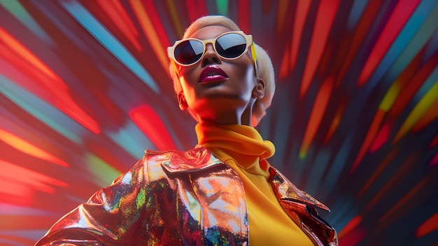 Une femme dans une veste orange vif et des lunettes de soleil se tient devant un fond coloré avec une lumière au néon.