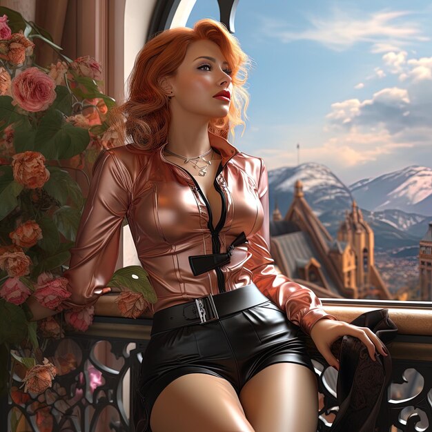 une femme dans une veste rose est assise sur un rebord de fenêtre avec des montagnes en arrière-plan