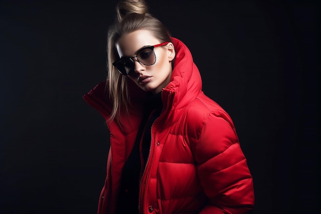 Femme dans une veste rouge et des lunettes de soleil