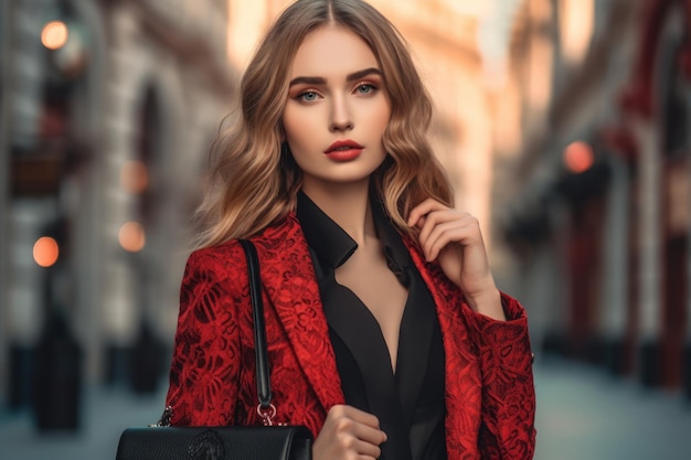 Une femme dans une veste rouge et un sac noir