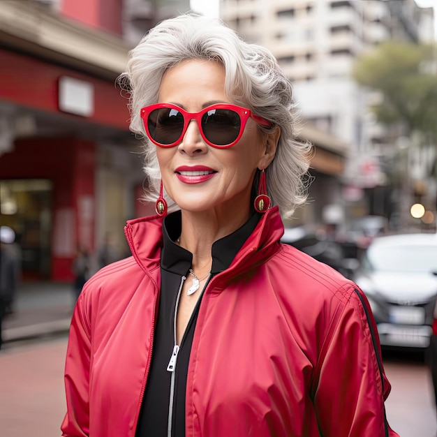 Photo femme dans une veste rouge sur un trottoir de la ville